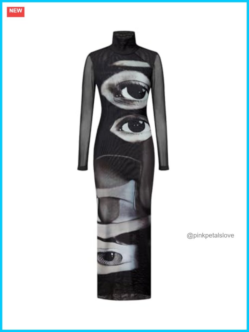Bodycon High Neck Long Sleeve Mesh Dress Eye Print Knee Length